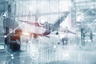 ICT - bilgi ve telekomünikasyon teknolojisi ve çok - Internet şeyler kavramları. Sunucu odası arka simgeleri ile diyagramları.
