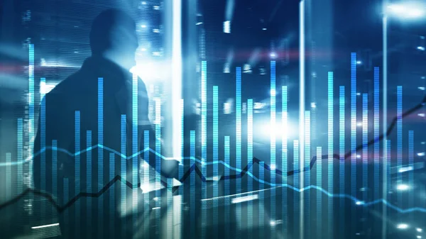 Double exposure Economics growth diagrams on blurred background. Business and investment concept.