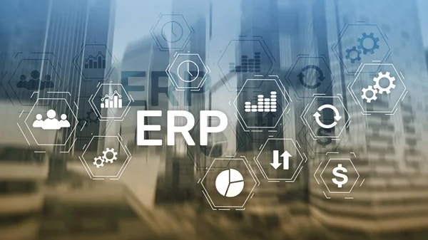 Σύστημα Erp Enterprise Resource Planning Θολή Φόντο Επιχειρησιακή Αυτοματοποίηση Και — Φωτογραφία Αρχείου