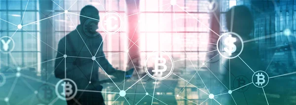 Dubbel Exponering Bitcoin Och Blockchain Koncept Digital Ekonomi Och Valuta — Stockfoto