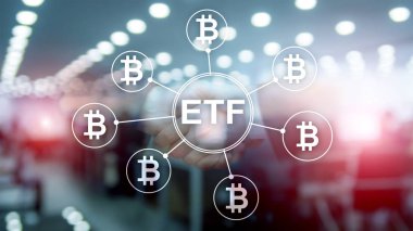Bitcoin Etf cryptocurrency ticaret ve yatırım kavramı çift pozlama zemin üzerine.