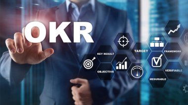 OKR - nesnel anahtar sonuç kavramı. Sanal bir ekranda karışık ortam. Proje yönetimi