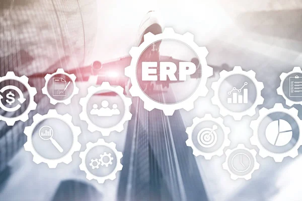 ERP-система, планування ресурсів підприємства на розмитому фоні. Автоматизація бізнесу та інноваційна концепція . — стокове фото