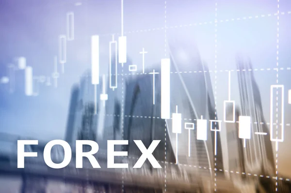 Forex διαπραγμάτευση, γράφημα οικονομικών κερί και διαγράμματα σχετικά με θολή επιχειρήσεων κέντρο φόντο. — Φωτογραφία Αρχείου