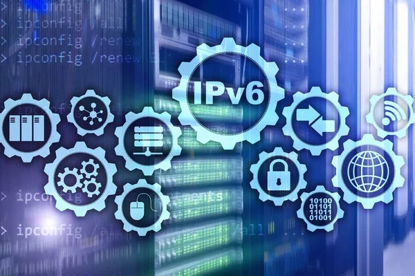 IPv6 Internet Protocol auf dem Hintergrund des Serverraums. Geschäftstechnologie Internet und Netzwerkkonzept — Stockfoto