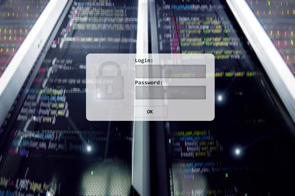 サーバー ルーム、ログインとパスワードの要求、データ アクセスおよびセキュリティ. — ストック写真