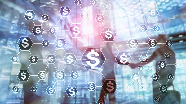 Dollar-Symbole, Geld-Netzwerk-Struktur. Ico, Handel und Investitionen. Crowdfunding. — Stockfoto