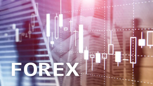 Forex διαπραγμάτευση, γράφημα οικονομικών κερί και διαγράμματα σχετικά με θολή επιχειρήσεων κέντρο φόντο. — Φωτογραφία Αρχείου