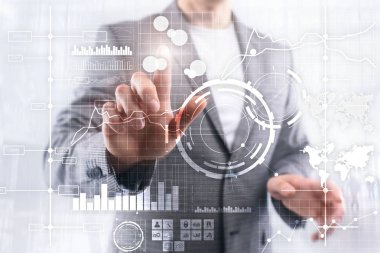 İş zekası BI Anahtar performans göstergesi KPI Analiz paneli şeffaf bulanık arkaplan.