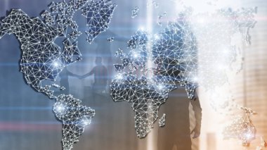 Küresel Dünya Double Exposure ağ. Telekomünikasyon, uluslararası iş Internet ve teknoloji kavramı.