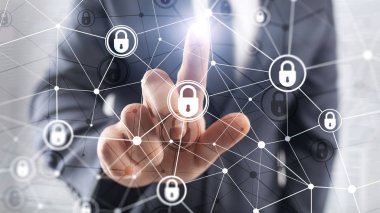 Siber güvenlik, bilgi gizliliği, modern sunucu odası arka planında veri koruma kavramı. İnternet ve dijital teknoloji kavramı