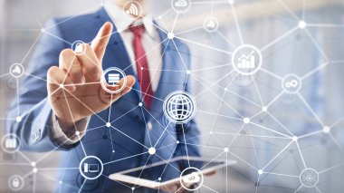 ICT - bilgi ve telekomünikasyon teknolojisi ve çok - Internet şeyler kavramları. Sunucu odası arka simgeleri ile diyagramları