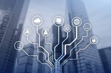 Bulanık iş merkezi zemin üzerine telekomünikasyon ve çok kavramı.