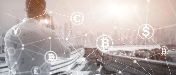 Dvojitá expozice bitcoinu a blockchainových koncept. Digitální ekonomika a Měna obchodování. — Stock fotografie