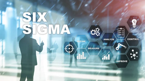 Seis Sigma, fabricação, controle de qualidade e processo industrial melhorando o conceito. Negócios, internet e tehcnologia. — Fotografia de Stock