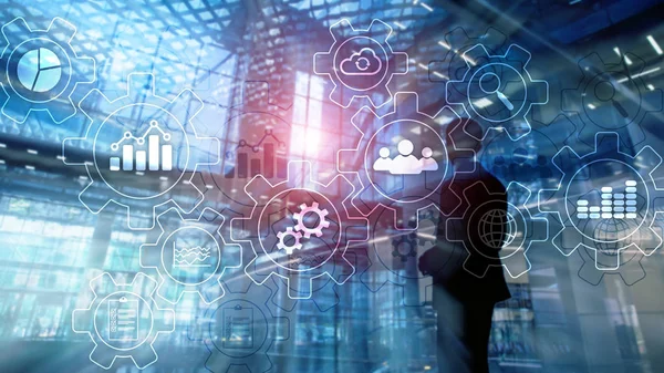 Abstraktní Diagram Obchodního Procesu Ozubenými Koly Ikonami Koncept Technologie Workflow — Stock fotografie