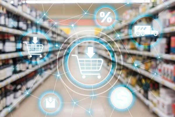 Koszyk zakupów e-commerce Marketing kanał dystrybucji koncepcja na tle supermarket. — Zdjęcie stockowe