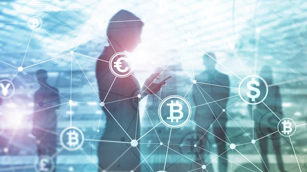 Double exposition Bitcoin et blockchain concept. Économie numérique et trading de devises . — Photo