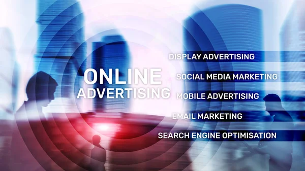 Online-Werbung, digitales Marketing. Geschäfts- und Finanzkonzept auf virtuellem Bildschirm. — Stockfoto
