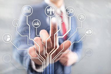 İş uygulamaları simgeleri arka plan bulanık. Finans ve ticaret. Internet teknoloji kavramı.