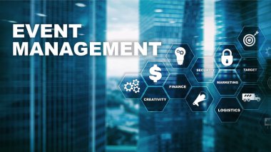  Olay Yönetimi Konsepti. Etkinlik yönetim akış şeması. Etkinlik yönetimi ile ilgili öğeler. Karışık medya işi.