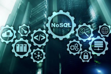 NoSQL 'de. Yapısal Sorgu Dili. Veritabanı Teknoloji Konsepti. Sunucu odası arkaplanı.