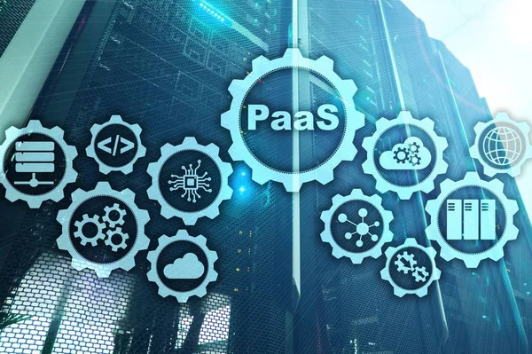 Plataforma como servicio PaaS - concepto de servicios de computación en nube. Fondo de la sala de servidores. — Foto de Stock