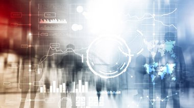 İş zekası BI Anahtar performans göstergesi KPI Analiz paneli şeffaf bulanık arkaplan.