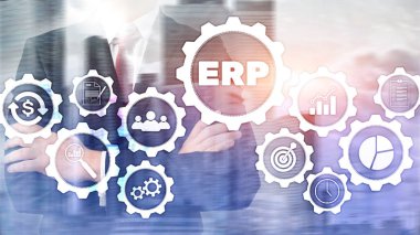 ERP sistemi, bulanık arka planda Atılgan kaynak planlaması. İş otomasyonu ve yenilik kavramı.