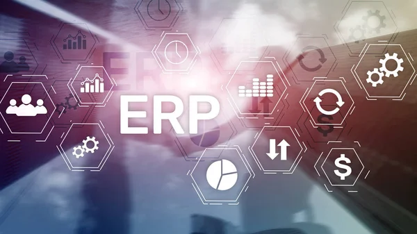 ERP-система, планування ресурсів підприємства на розмитому фоні. Автоматизація бізнесу та інноваційна концепція . — стокове фото