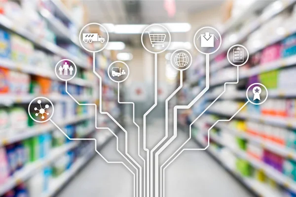 Einzelhandelskonzept Marketing-Kanäle E-Commerce-Shopping-Automation auf verschwommenem Supermarkt-Hintergrund. — Stockfoto