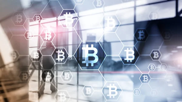 Bitcoin, Blockchain-Konzept auf Serverraum-Hintergrund. — Stockfoto