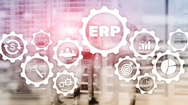 ERP rendszer, Enterprise erőforrás tervezés homályos háttérrel. Üzleti automatizálás és innovációs koncepció. — Stock Fotó