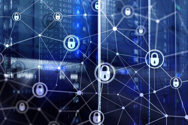 Siber güvenlik, bilgi gizliliği, modern sunucu odası arka planında veri koruma kavramı. İnternet ve dijital teknoloji kavramı.