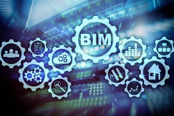 Building Information Modeling. BIM on the virtual screen with a server data center background