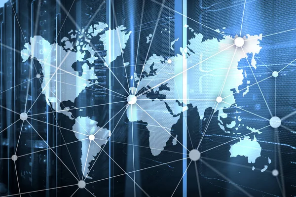 World map with communication network on server room background. — Stock Photo, Image