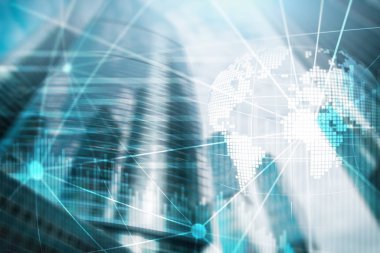 Çift Pozlama karışık ortam. 3D dünya gezegen hologram ve iletişim yapısı. Dünya geniş ağ ve küreselleşme kavramı.