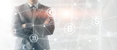Çift Pozlama kavramı, Bitcoin ve blockchain. Dijital Ekonomi ve ticaret para.