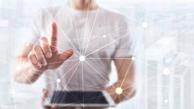 Bulanık gökdelenlerin arkaplanındaki engelleme ağı. Finansal teknoloji ve iletişim konsepti.