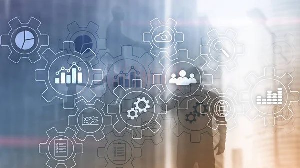 Proces Biznesowy Abstrakcyjny Diagram Przekładniami Ikonami Koncepcja Technologii Workflow Automatyzacji — Zdjęcie stockowe