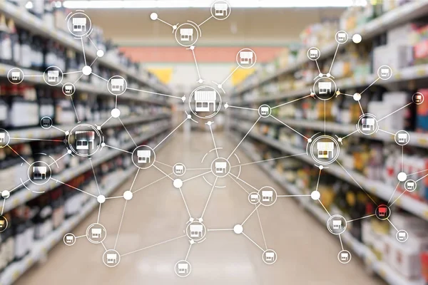 Franchise Distribution network Shop Retail Business Financial concept. Blurred supermarket background.