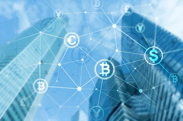 Double Exposure Bitcoin Blockchain Concept Digital Economy Currency Trading — Stock Photo, Image