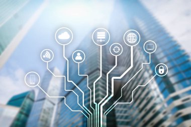 Bulanık iş merkezi zemin üzerine telekomünikasyon ve çok kavramı.