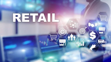 Perakende Teknoloji İletişim Alışveriş Sanal Ekran Kavramı. Pazarlama veri yönetimi. Futuristic Online alışveriş. Soyut Arkaplan.