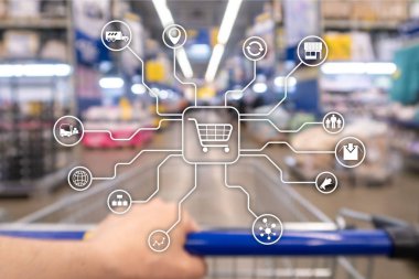 E-ticaret alışveriş otomasyon kavramı bulanık süpermarket arka plan üzerinde perakende pazarlama kanalları.