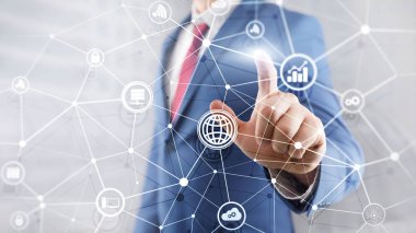 ICT - bilgi ve telekomünikasyon teknolojisi ve çok - Internet şeyler kavramları. Sunucu odası arka simgeleri ile diyagramları.