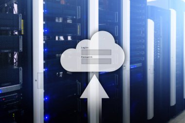 Bulut depolama, veri erişimi, Kullanıcı adı ve şifre talebi penceresini sunucu Oda arka plan üzerinde. Internet ve teknoloji kavramı.