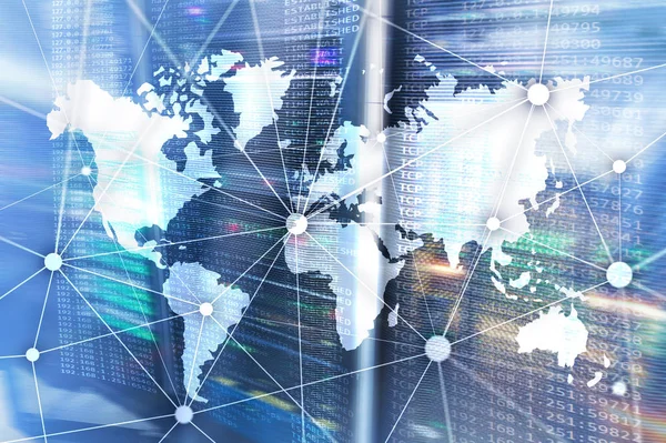 World Map Communication Network Server Room Background — Stock Photo, Image