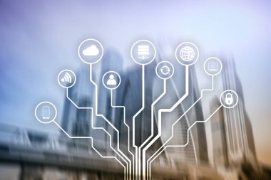 Bulanık iş merkezi zemin üzerine telekomünikasyon ve çok kavramı.