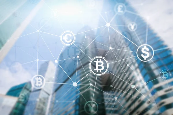 Double Exposure Bitcoin Blockchain Concept Digital Economy Currency Trading — Stock Photo, Image